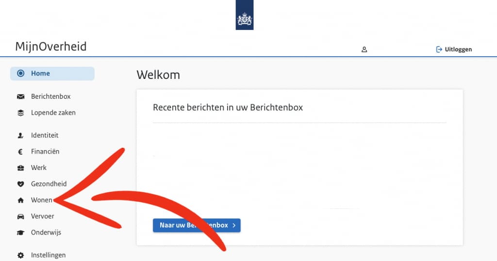 Klik in het menu op "Wonen" bij MijnOverheid om je energielabel te vinden