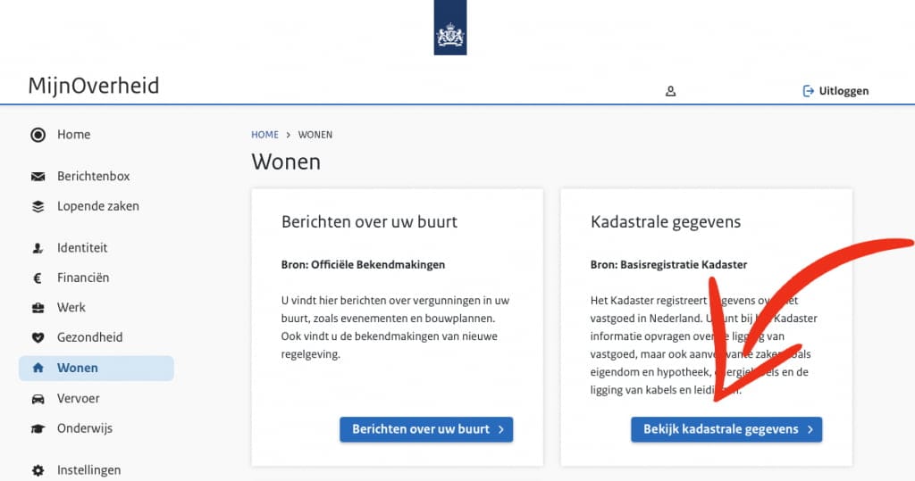 Klik op Bekijk kadastrale gegevens om het energielabel van je woning te openen