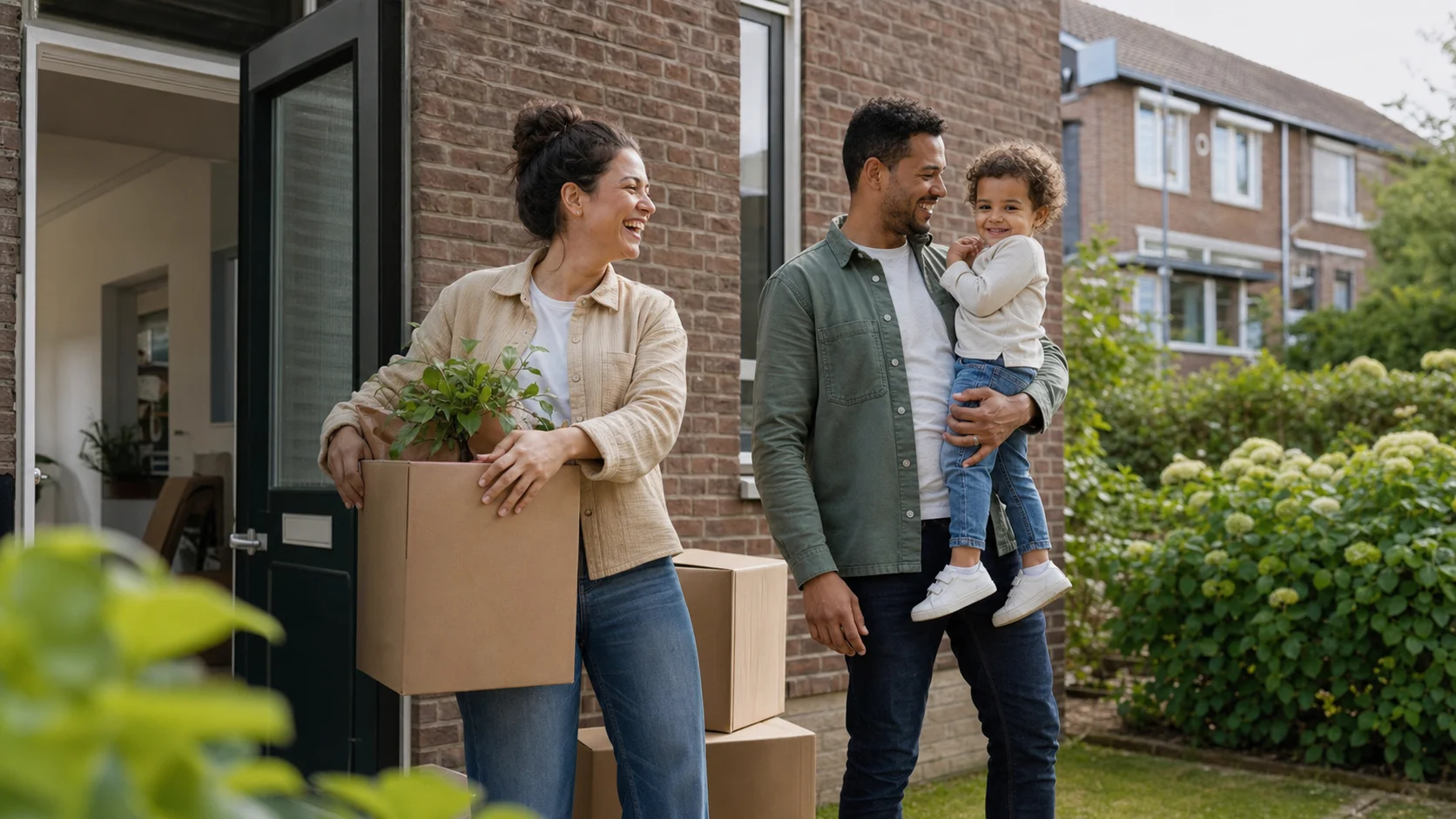 Lachend gezin bij een nieuwe woning in de regio Valkenburg