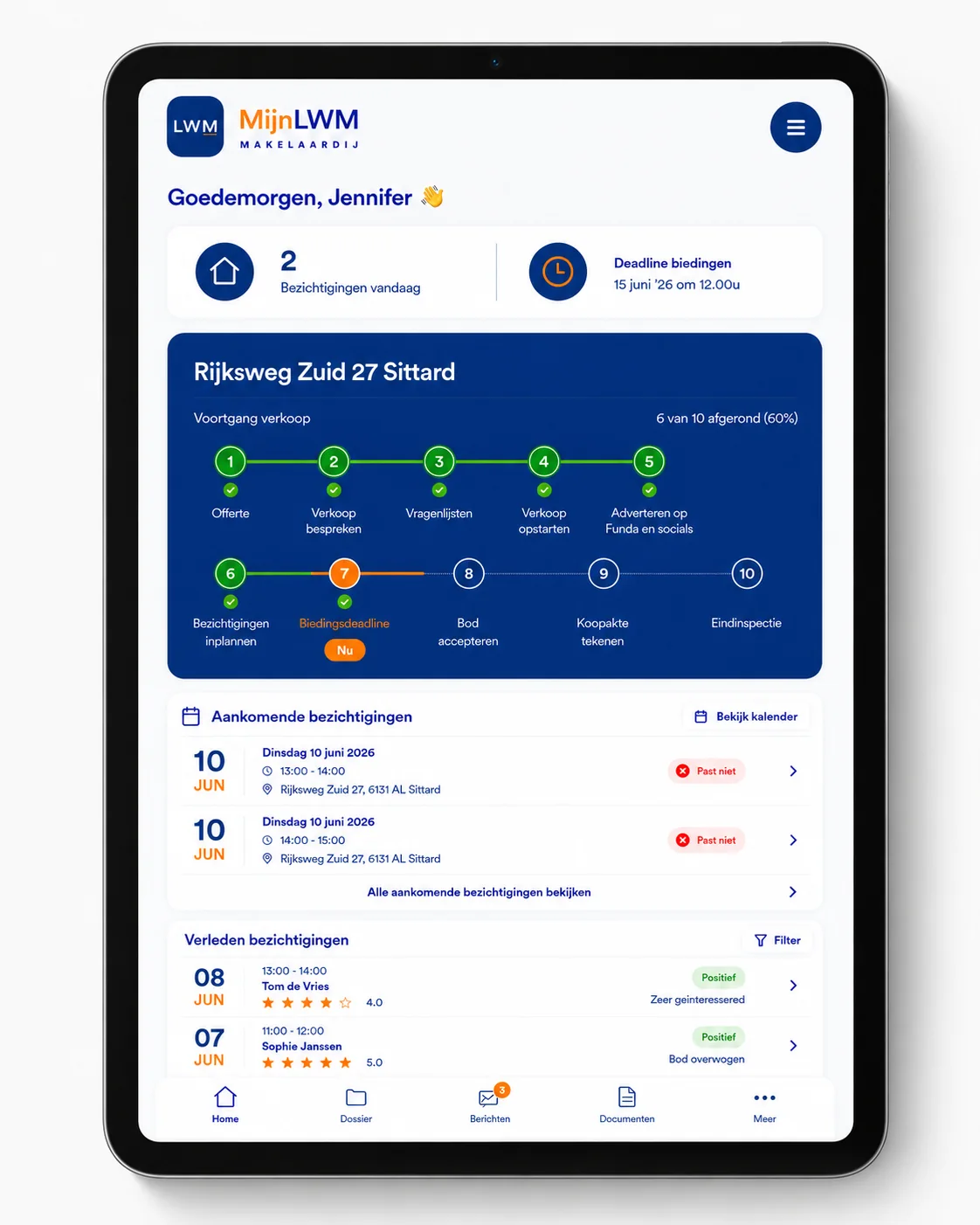 MijnLWM verkoopportaal op iPad met verkoopstatus, bezichtigingen, bieddeadline en feedback voor woningverkopers.