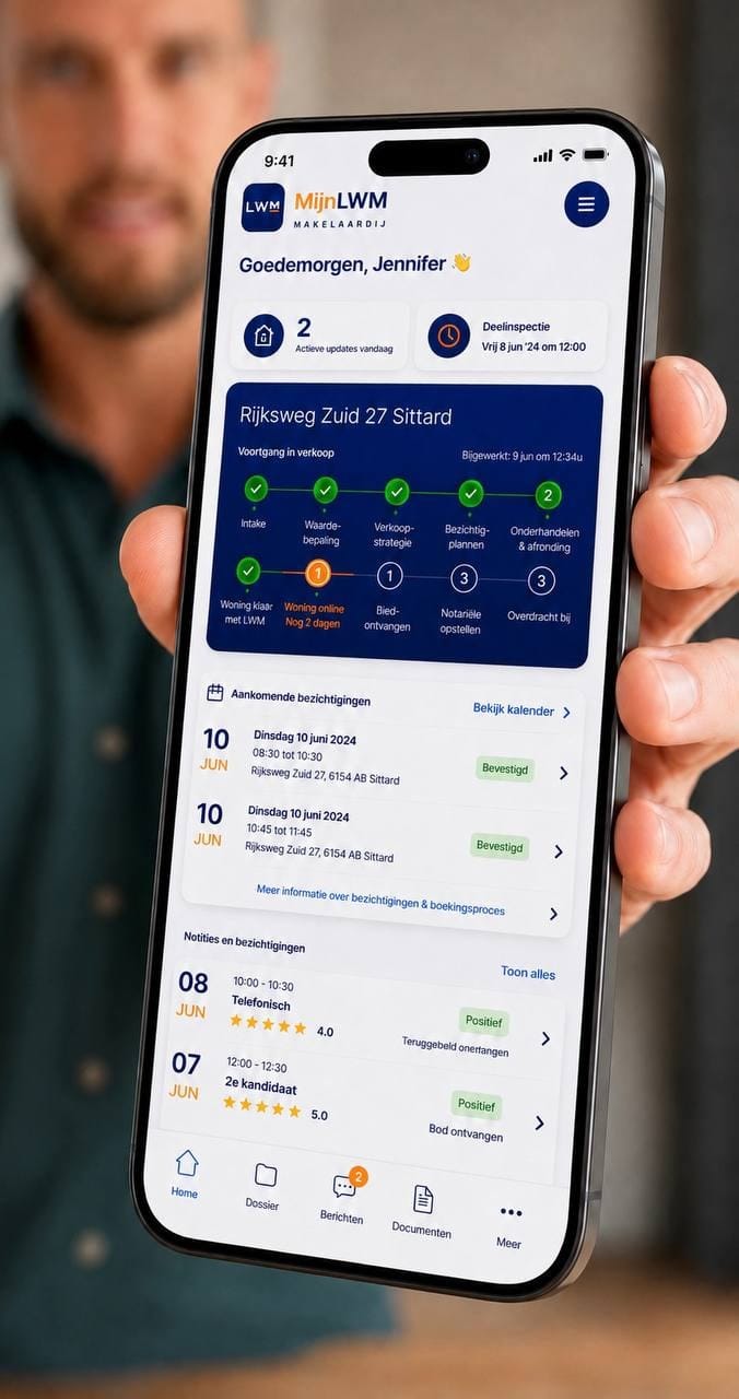 MijnLWM app op iPhone met verkoopdossier en bezichtigingen