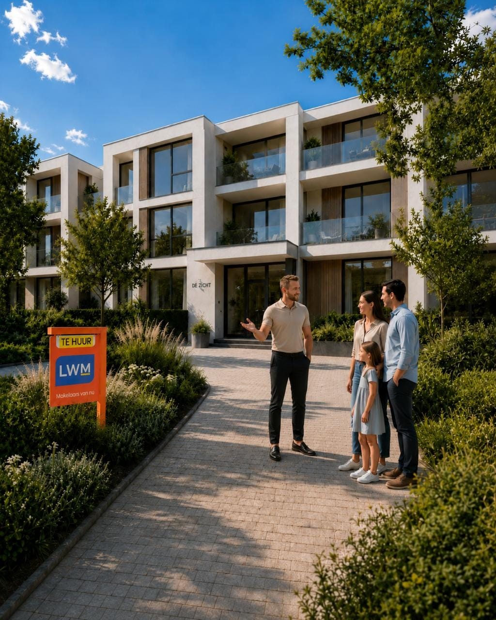 LWM verhuurmakelaar bij appartementcomplex met te huur bord en gezin in Zuid-Limburg