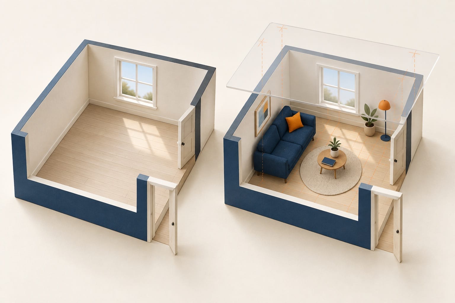 Conceptillustratie van een lege en virtueel ingerichte modelkamer