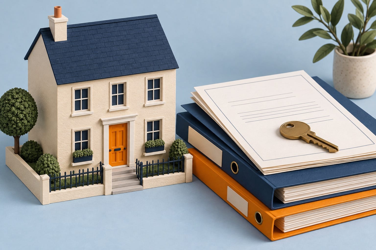 Illustratie van een modelwoning met huurdocumenten en sleutel