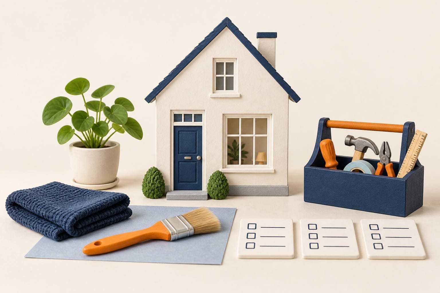 Illustratie van een modelhuis met gereedschap en voorbereidingslijst